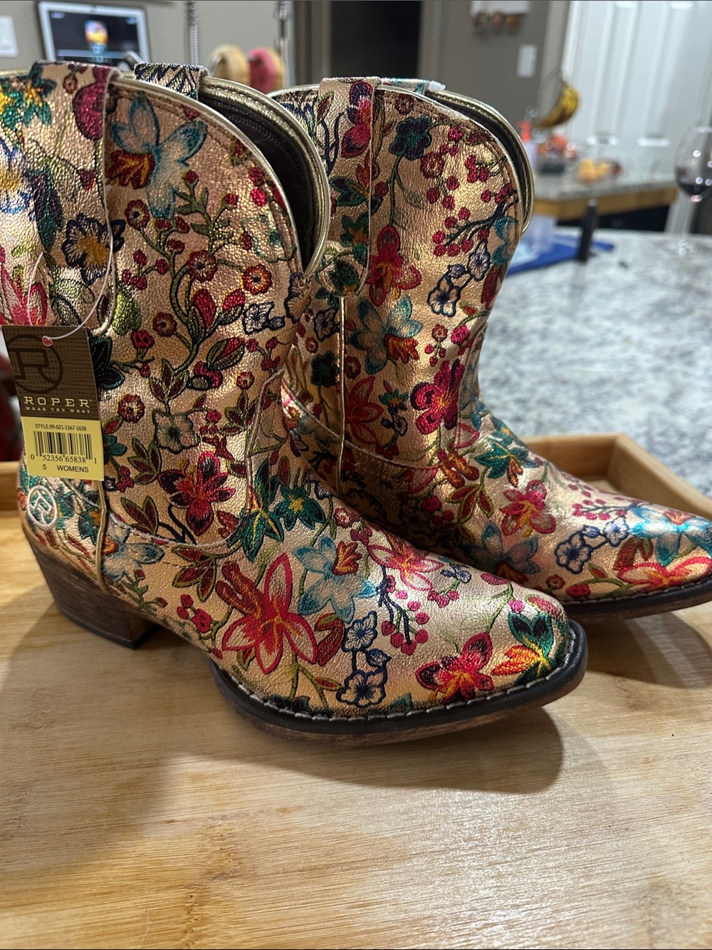 Roper Metallic Gold Floral Embroidered Ankle Boots